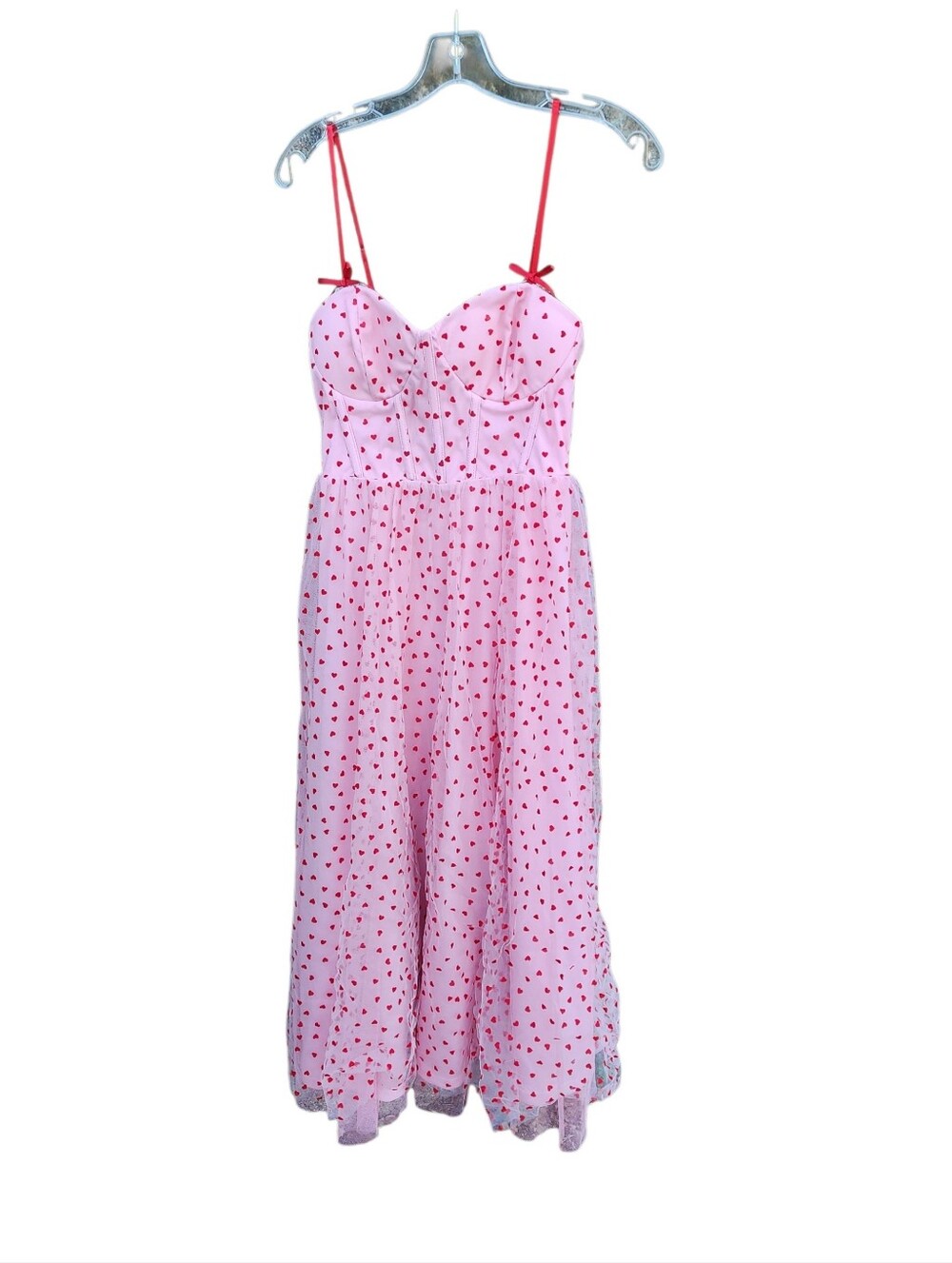 Francesca's Anne  Flocked Heart Tulle Spaghetti Strap Midi Dress size M